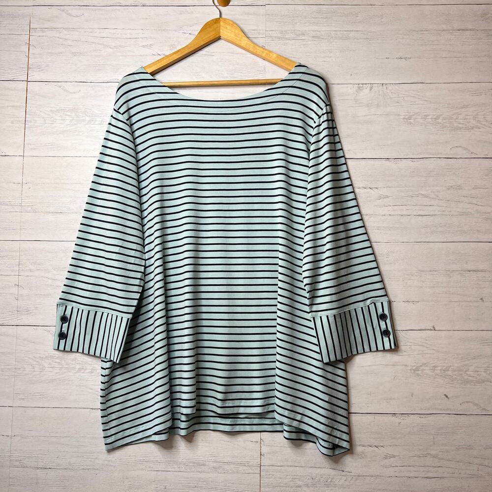J Jill Blouse Womens Size 3X Wearever Collection Aqua & Navy Stripe Boat Neck